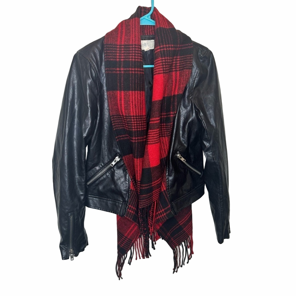 Jolt Fly Away Red & Black Plaid Faux Leather Jacket Size Small